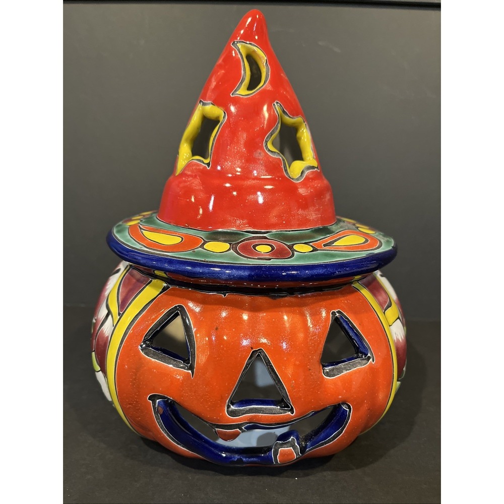 Red Blue Orange Pottery Talavera Witch Jack-o-Lantern Pumpkin Mexico